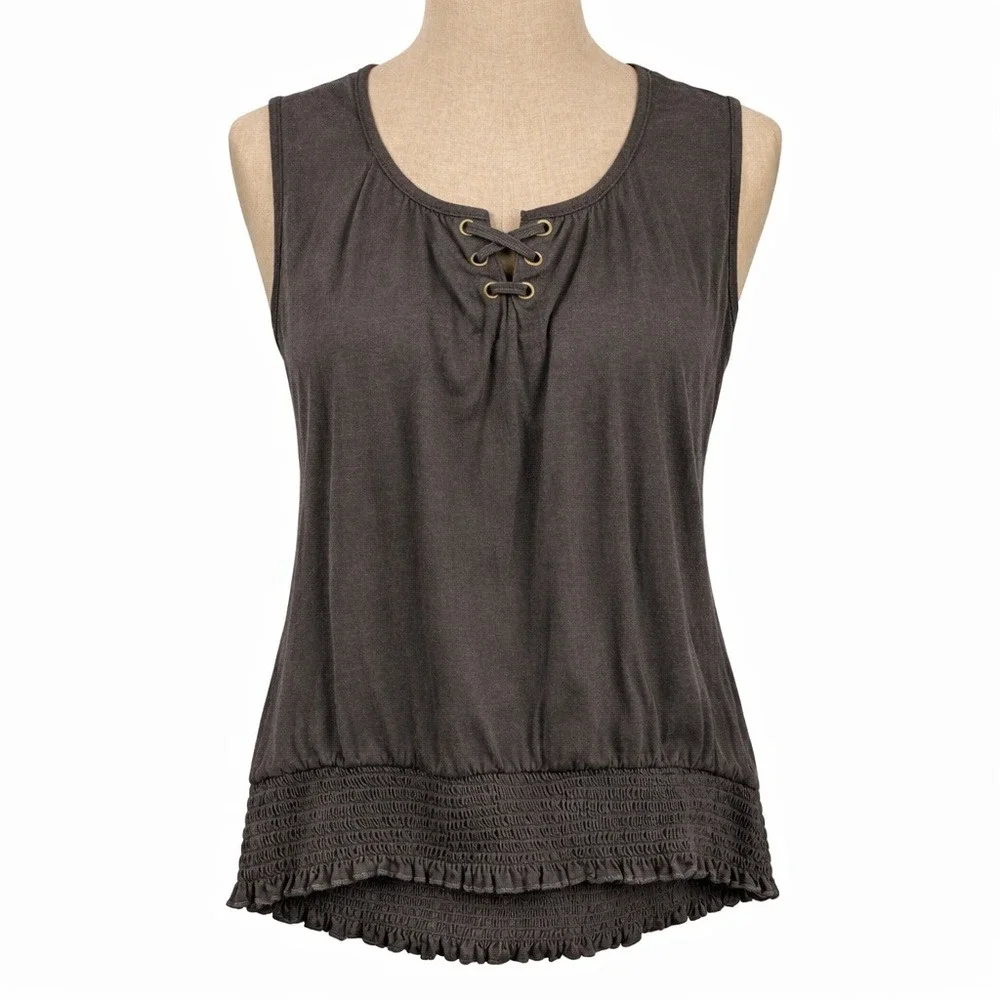 Y2K Lace Up Smocked Tank Size 2X Chocolate Brown Crochet Back Grunge Festival‎
